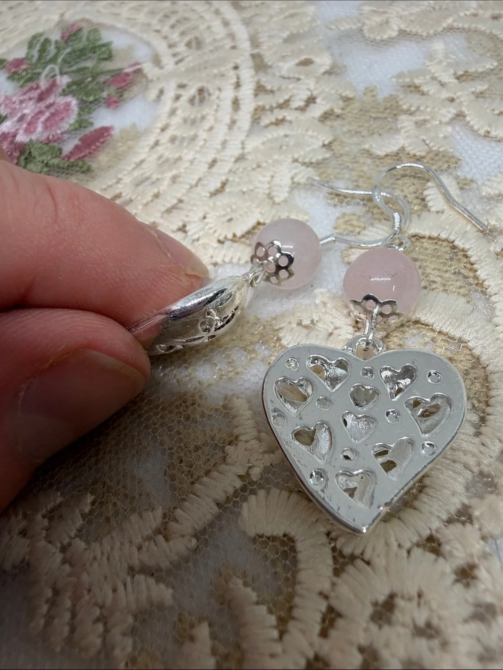 Handmade 925 Sterling Silver Rose Quartz 3D Heart Earrings | Romantic Floral